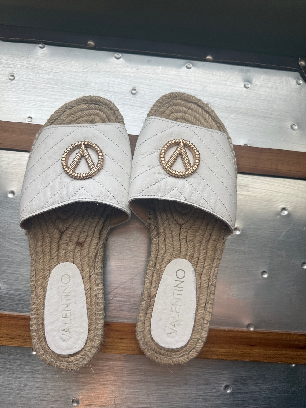 Valentino White Quilted Slide Mules with Gold Emblem - Picture 3 of 3